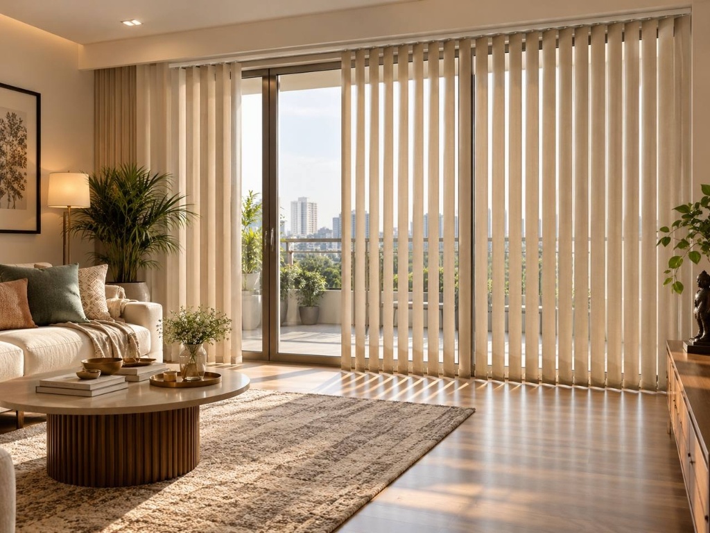 Tailored vertical blinds spanning wide balcony sliding doors