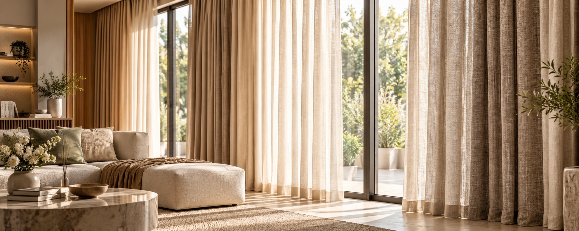 Curtains and blinds collection with tailored drapery and soft daylight in a modern interior