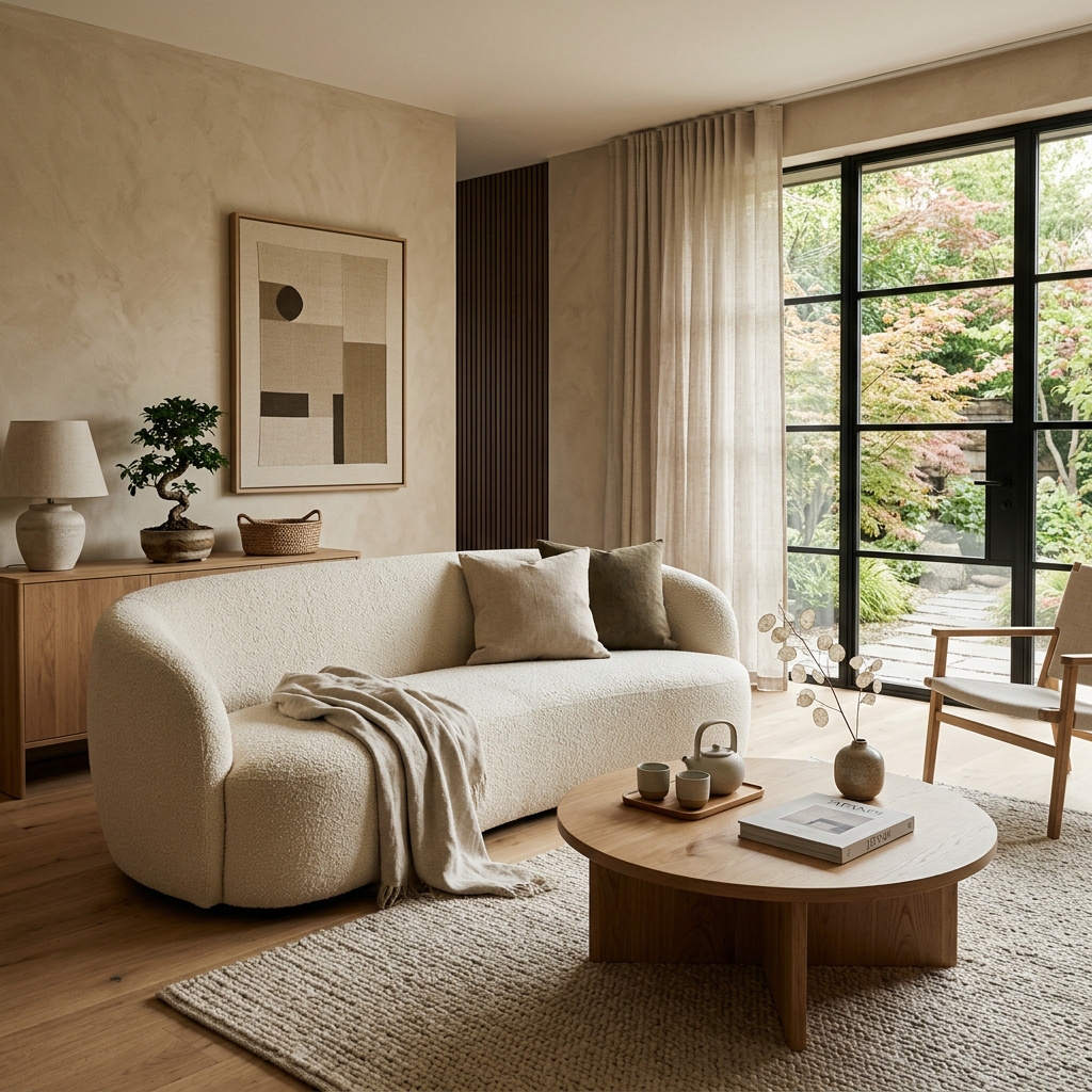 Sleek modern lounge interior with natural materials