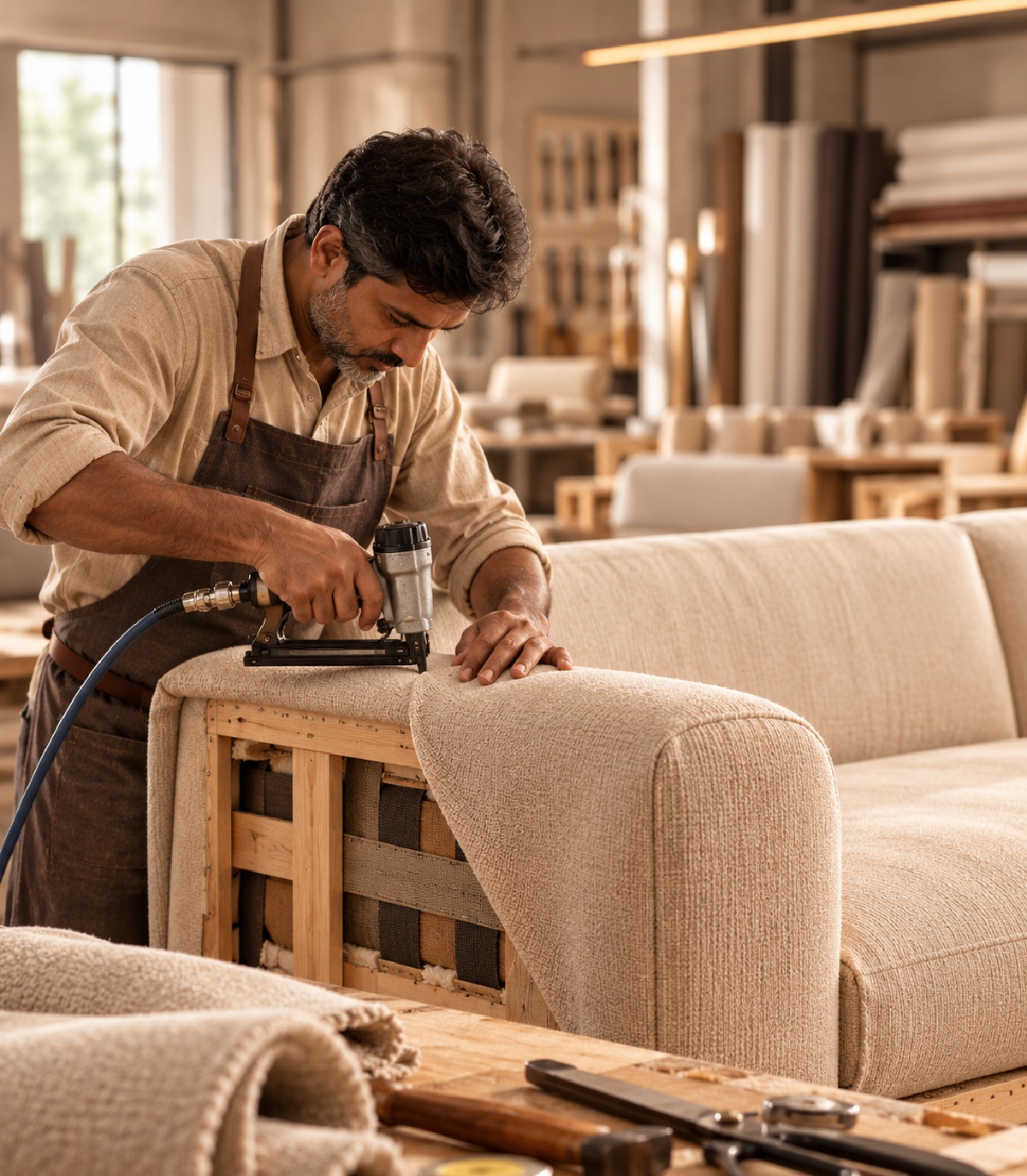 Craftsman upholstering a bespoke furniture frame by hand